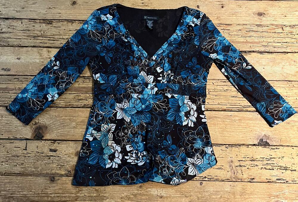 INC Womens Size S Blue Floral V Neck 3/4 Long Sleeve Blouse NWOT
